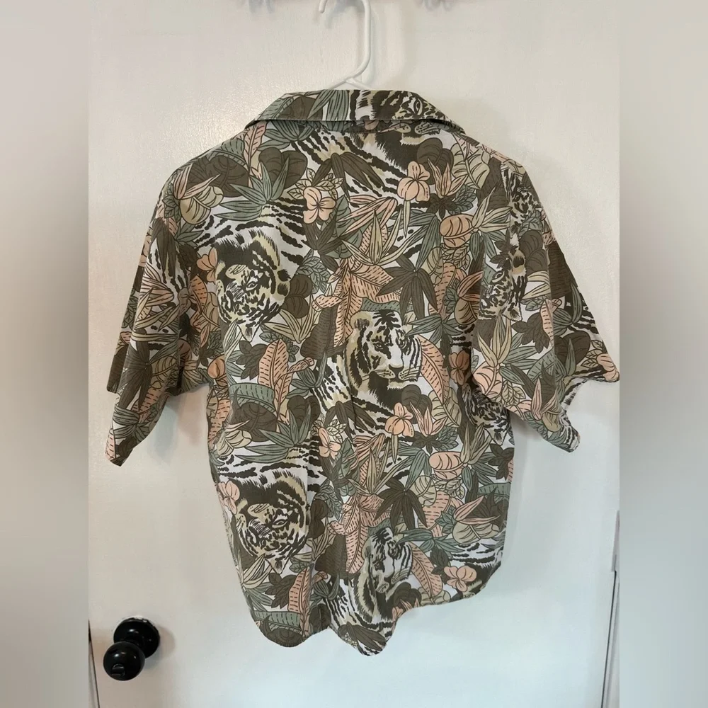 Vtg 80’s Just Cristina Jungle Tiger Print Safari Shirt Crop Button Sz S #1544